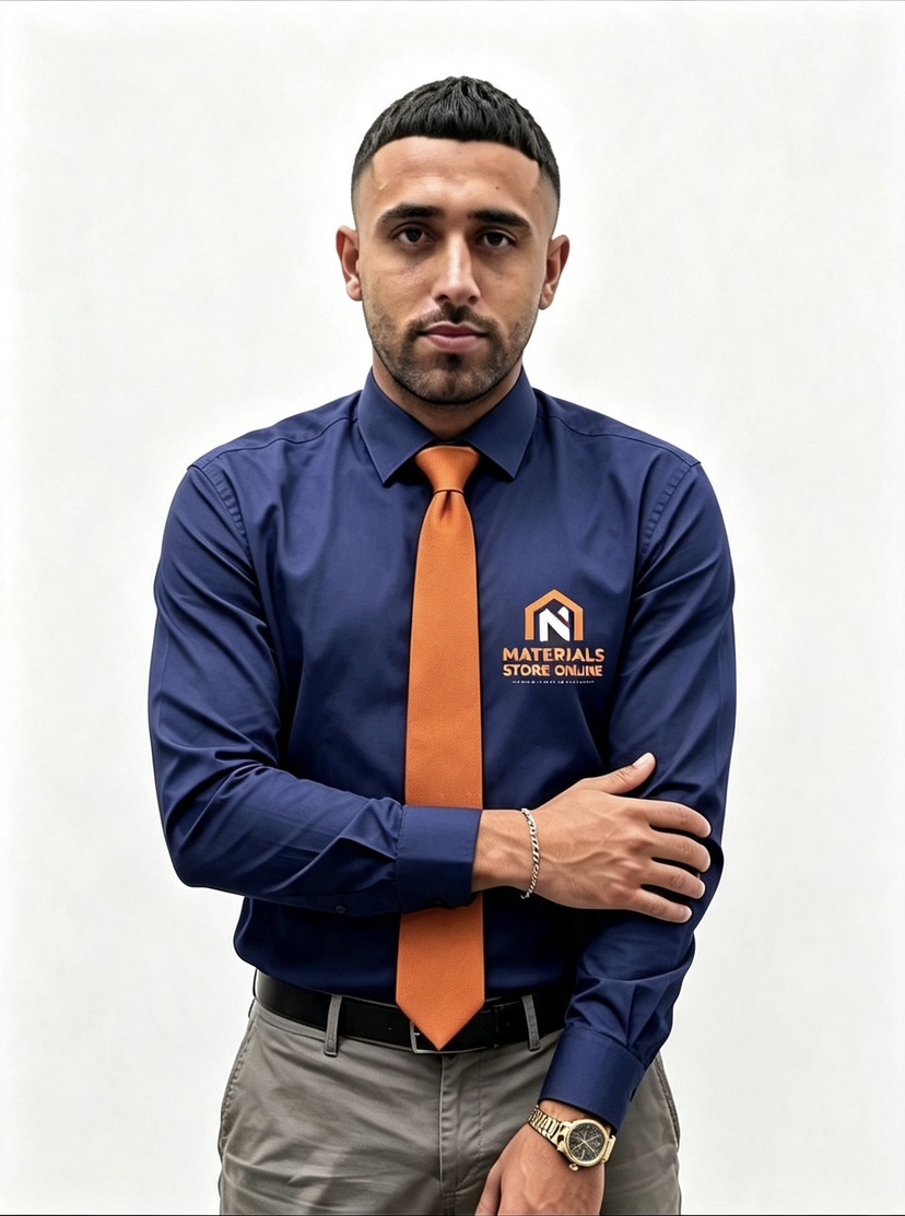 Kaz Dhillon, Founder and CEO of Materials Store Online, wearing a navy MSO shirt and orange tie